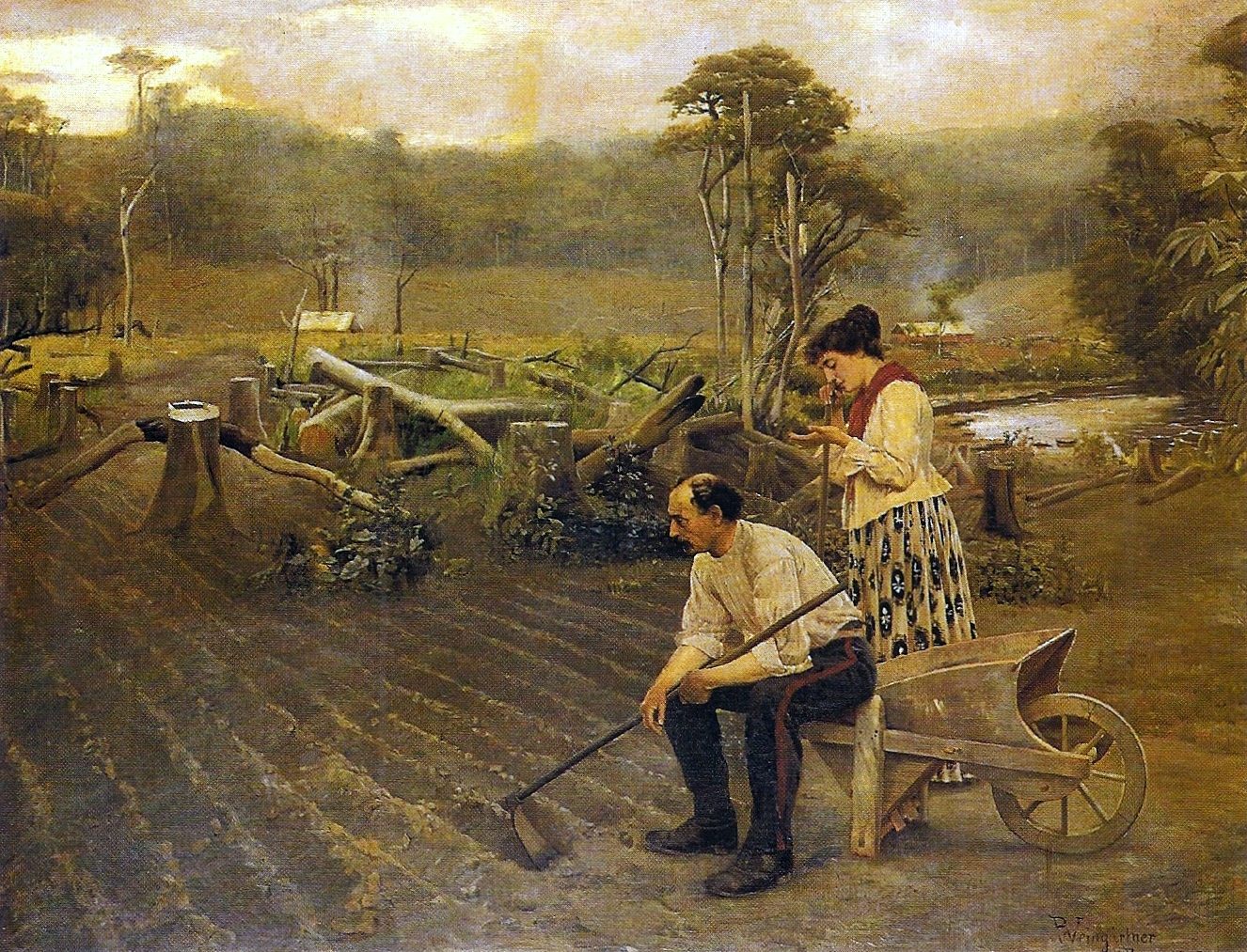 Painting of a man resting on a hoe and a woman standing by a wheelbarrow in a freshly cleared, plowed field